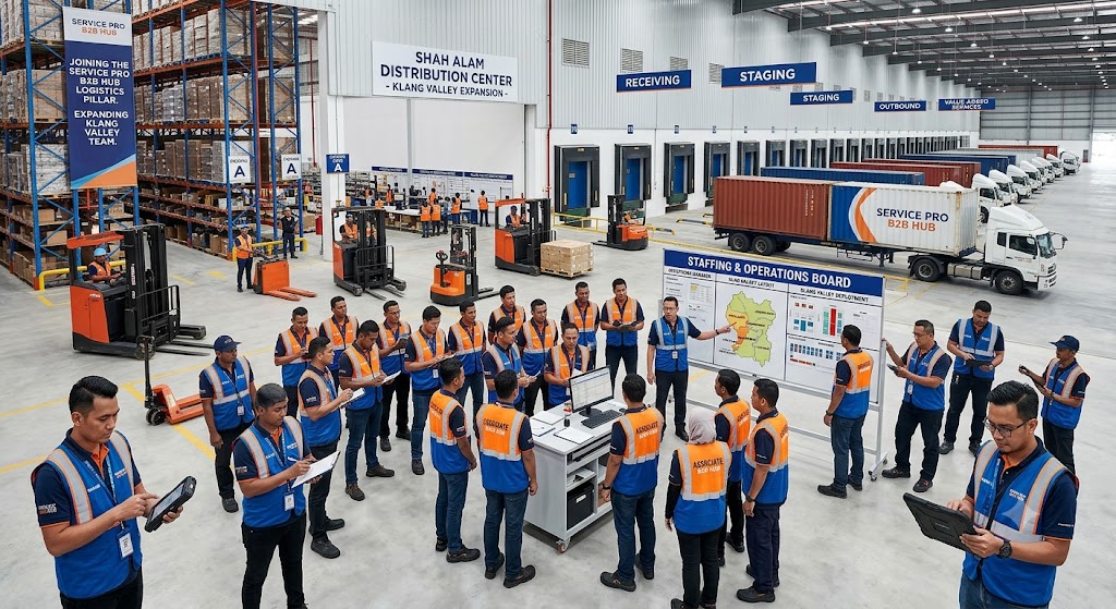 Warehouse and logistics staffing team at a Shah Alam distribution center Malaysia — Service Pro B2B Hub logistics pillar expanding Klang Valley