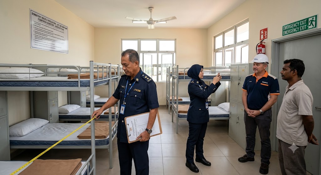 Worker housing compliance inspection at a Malaysian factory hostel under Act 446